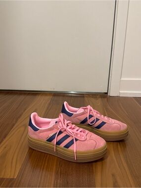 Adidas Gazelle Pink Sneakers with Navy Stripes and Gum Sole